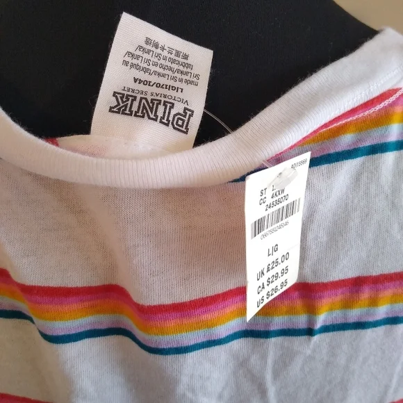 Junior's PINK Victoria's Secret Striped V Neck Tee shirt, White Multi,  Small - Picture 5 of 6